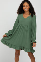 Green Ruffle Trim Long Sleeve Maternity Dress