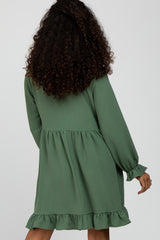 Green Ruffle Trim Long Sleeve Dress