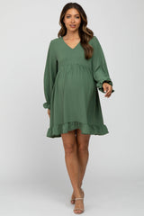 Green Ruffle Trim Long Sleeve Maternity Dress