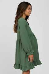 Green Ruffle Trim Long Sleeve Maternity Dress