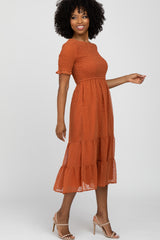 Rust Swiss Dot Smocked Midi Dress