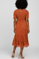 Rust Swiss Dot Smocked Midi Dress