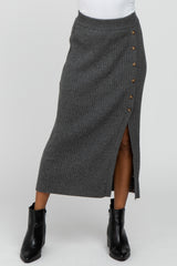 Charcoal Ribbed Button Front Side Slit Midi Skirt