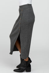 Charcoal Ribbed Button Front Side Slit Midi Skirt