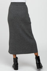 Charcoal Ribbed Button Front Side Slit Midi Skirt