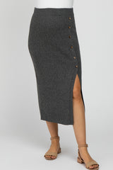 Charcoal Ribbed Button Front Side Slit Maternity Midi Skirt