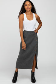 Charcoal Ribbed Button Front Side Slit Midi Skirt