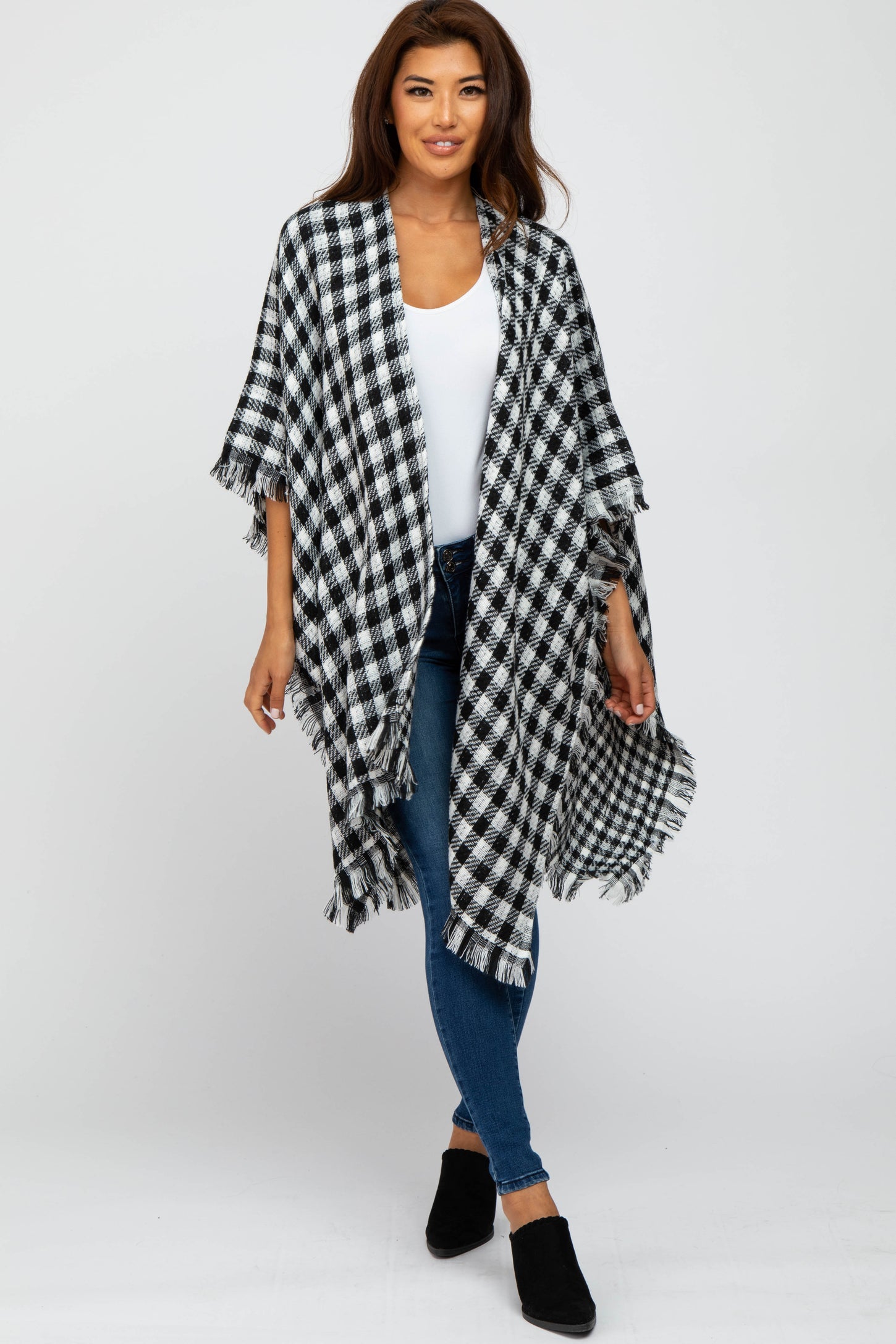 Houndstooth Turtleneck Fringe Hem Poncho