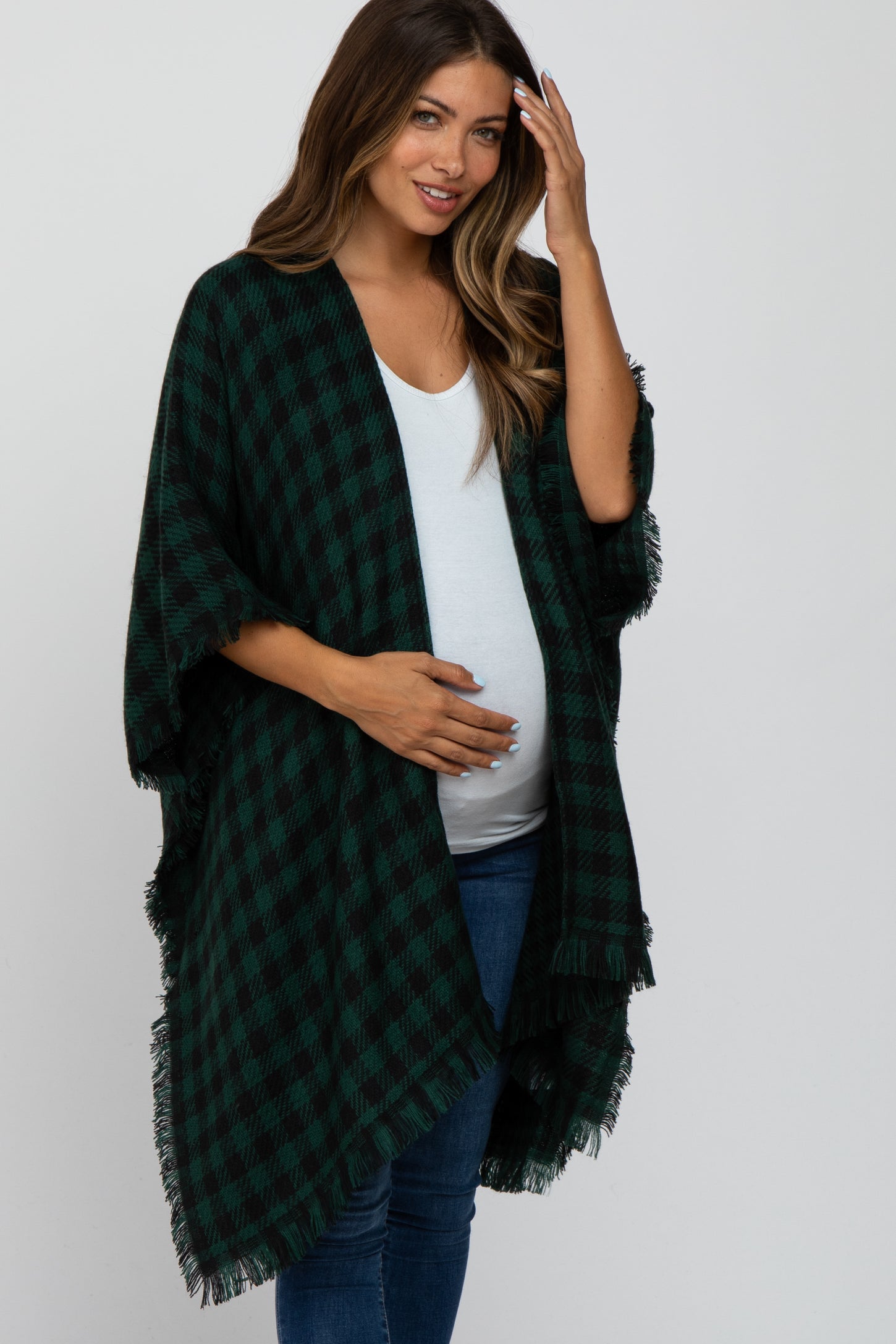 Houndstooth Turtleneck Fringe Hem Poncho