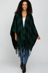 Forest Green Plaid Fringe Poncho