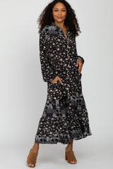 Black Floral Button Front Midi Dress