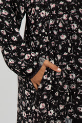 Black Floral Button Front Midi Dress