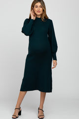 Forest Green Ribbed Mock Neck Bubble Sleeve Maternity Midi Dress