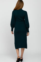 Forest Green Ribbed Mock Neck Bubble Sleeve Maternity Midi Dress