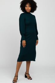 Forest Green Ribbed Mock Neck Bubble Sleeve Midi Dress