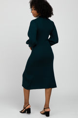 Forest Green Ribbed Mock Neck Bubble Sleeve Midi Dress