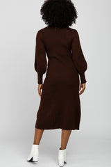 Brown Ribbed Mock Neck Bubble Sleeve Midi Dress