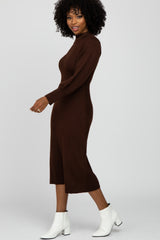 Brown Ribbed Mock Neck Bubble Sleeve Midi Dress