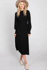 Black Ribbed Mock Neck Bubble Sleeve Midi Dress