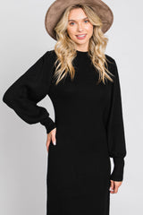 Black Ribbed Mock Neck Bubble Sleeve Midi Dress