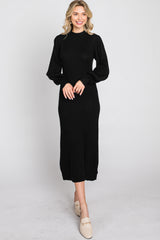 Black Ribbed Mock Neck Bubble Sleeve Midi Dress