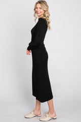 Black Ribbed Mock Neck Bubble Sleeve Midi Dress