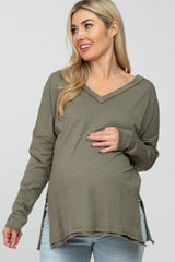 Olive Unfinished Seam Maternity Long Sleeve Top