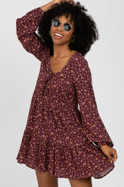 Burgundy Floral Long Sleeve Babydoll Dress