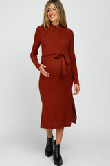 Rust Mock Neck Ribbed Maternity Midi Dress