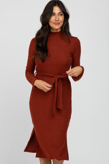 Rust Mock Neck Ribbed Midi Dress