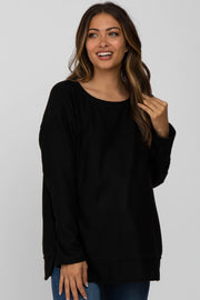 Black Brushed Waffle Knit Maternity Long Sleeve Top