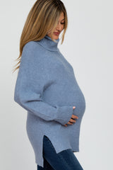 Blue Knit Turtleneck Maternity Sweater