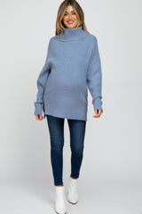 Blue Knit Turtleneck Maternity Sweater