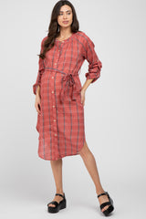 Rust Plaid Button Down Curved Hem Maternity Shirt Dress