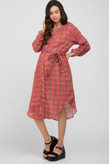 Rust Plaid Button Down Curved Hem Maternity Shirt Dress