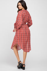 Rust Plaid Button Down Curved Hem Maternity Shirt Dress