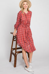 Rust Plaid Button Down Curved Hem Maternity Shirt Dress