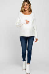 White Knit Braided Sleeve Maternity Sweater