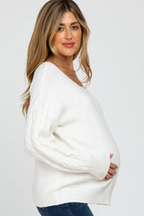 White Knit Braided Sleeve Maternity Sweater