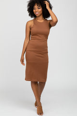 Camel Textured Fitted Maternity Dress