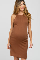 Camel Textured Fitted Maternity Dress