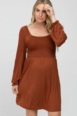 Rust Smocked Front Babydoll Maternity Dress