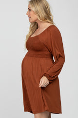 Rust Smocked Front Babydoll Maternity Dress