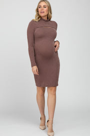 Brown Ribbed Mock Neck Front Cutout Maternity Dress