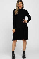 Black Ribbed Mock Neck Long Sleeve Maternity Dress