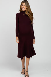 Burgundy Mock Neck Flared Maternity Midi Dress