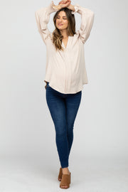 Beige Long Ruffle Sleeve Maternity Blouse