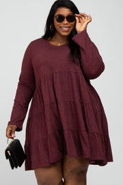 Burgundy Soft Knit Two Tone Tiered Plus Dress