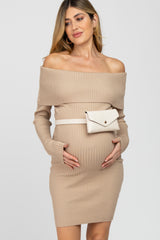 Taupe Ribbed Off Shoulder Maternity Fitted Sweater Dress