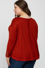 Rust Button Accent Long Sleeve Maternity Plus Top